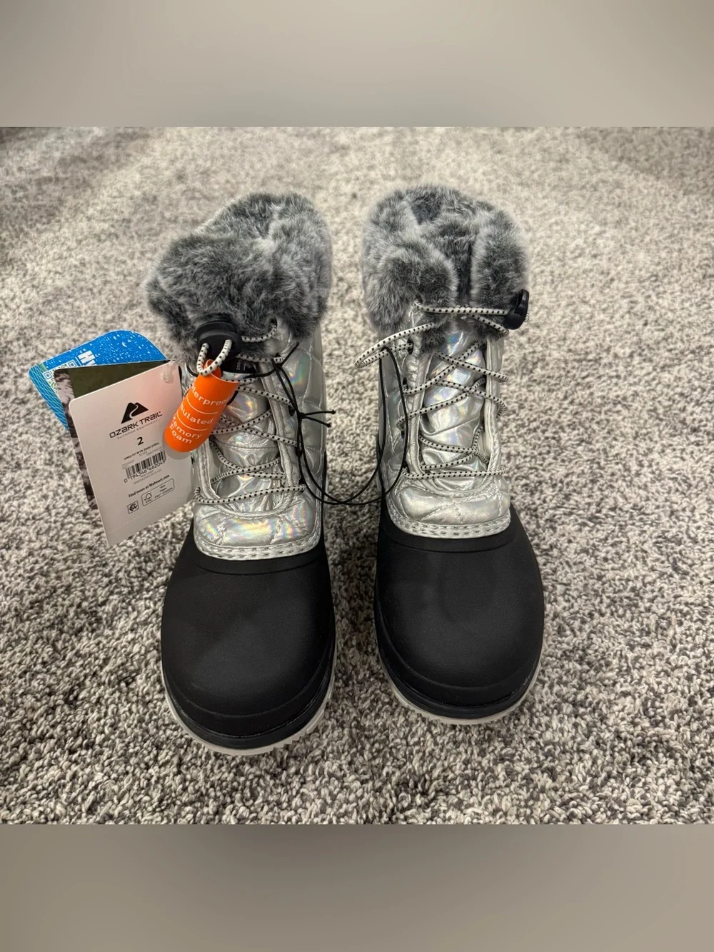 Ozark Trail Kids Holographic Silver and Black Faux-Fur Snow Boots